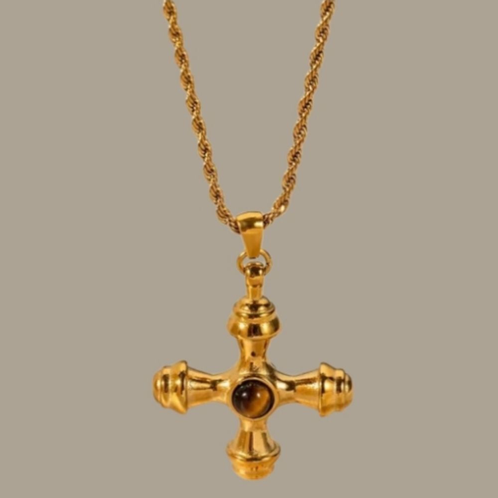 Tigers Eye Gold Cross Necklace With Rope Chain Gold Plated | NWOT